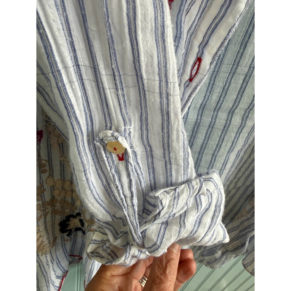 Johnny Was 3J Workshop Blue Striped Floral Embroidered Shirt XS Boho Whimsical - Picture 8 of 10